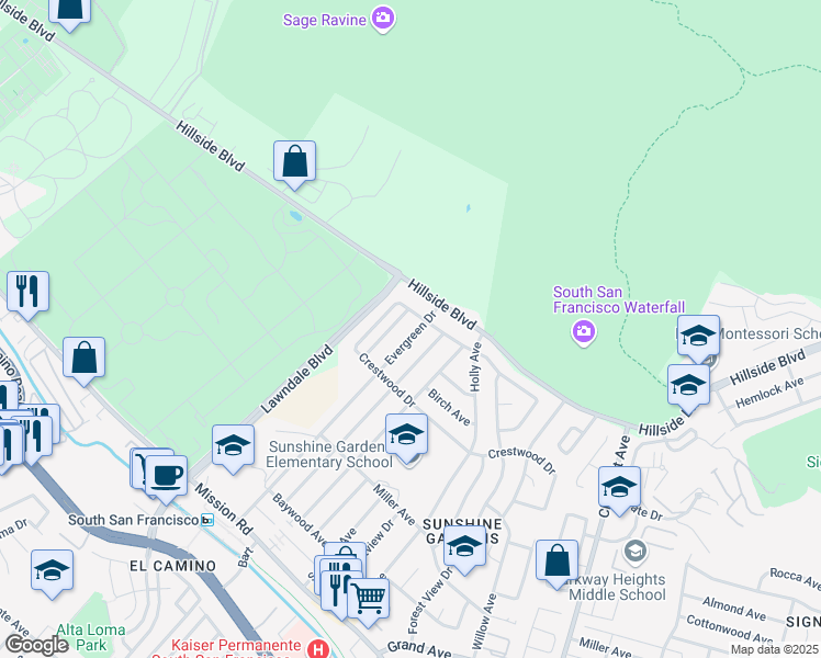 map of restaurants, bars, coffee shops, grocery stores, and more near 467 Evergreen Drive in South San Francisco