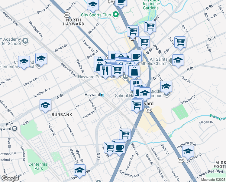 map of restaurants, bars, coffee shops, grocery stores, and more near 710 City Walk Place in Hayward