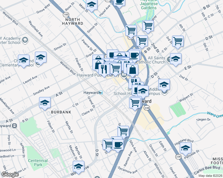 map of restaurants, bars, coffee shops, grocery stores, and more near 706 City Walk Place in Hayward