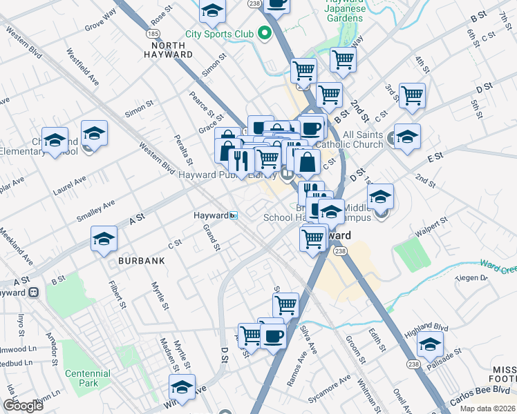 map of restaurants, bars, coffee shops, grocery stores, and more near 706 City Walk Place in Hayward