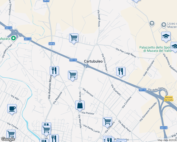 map of restaurants, bars, coffee shops, grocery stores, and more near 72 Via Degli Archi in Mazara del Vallo
