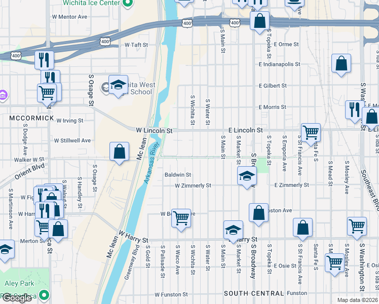 map of restaurants, bars, coffee shops, grocery stores, and more near 1249 South Wichita Street in Wichita