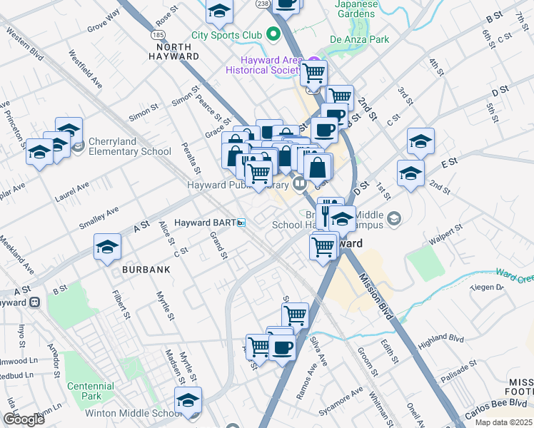 map of restaurants, bars, coffee shops, grocery stores, and more near 710 City Walk Place in Hayward