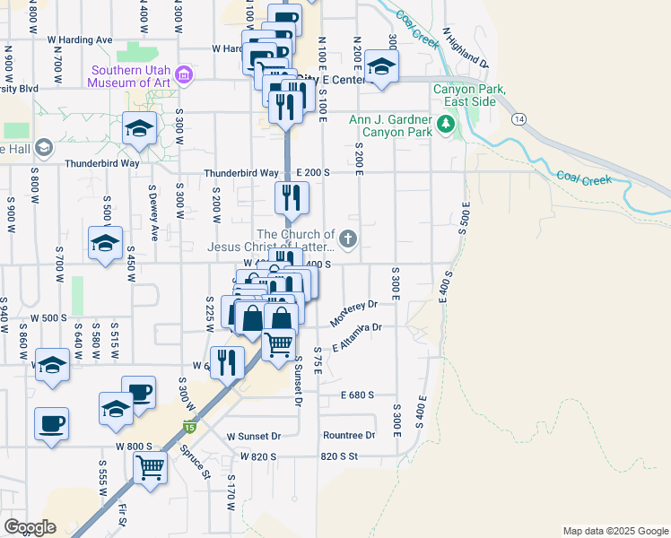 map of restaurants, bars, coffee shops, grocery stores, and more near 460 South 150 East in Cedar City