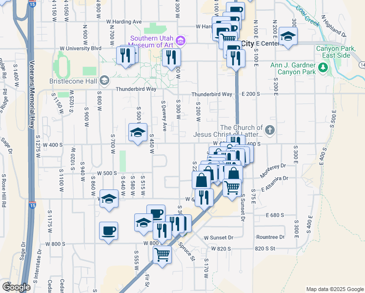 map of restaurants, bars, coffee shops, grocery stores, and more near 444 South 300 West in Cedar City