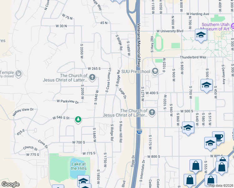 map of restaurants, bars, coffee shops, grocery stores, and more near 411 South Ridge Road in Cedar City
