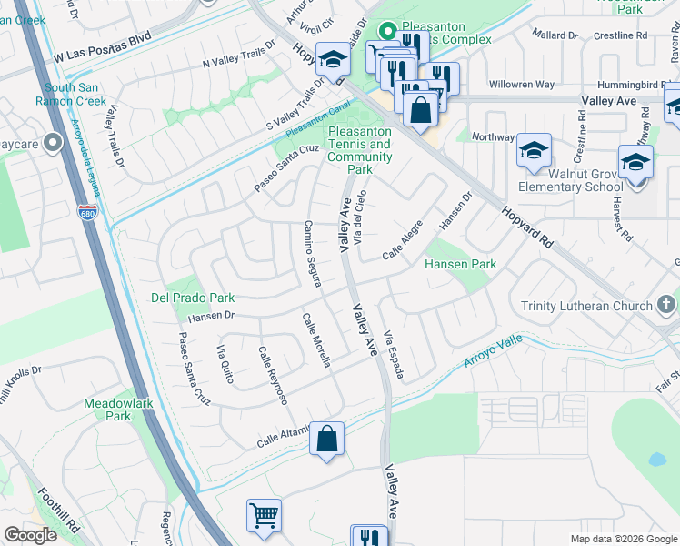 map of restaurants, bars, coffee shops, grocery stores, and more near in Pleasanton