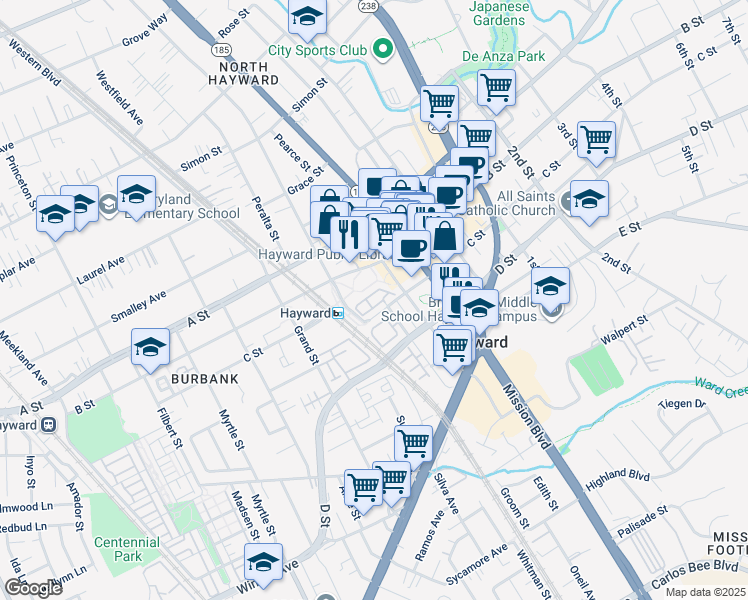 map of restaurants, bars, coffee shops, grocery stores, and more near 610 Atherton Place in Hayward