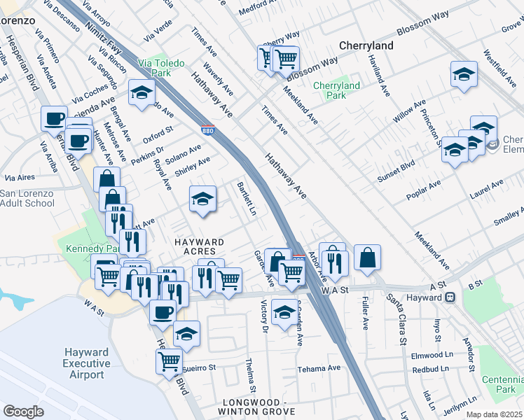 map of restaurants, bars, coffee shops, grocery stores, and more near 428 West Sunset Boulevard in Hayward