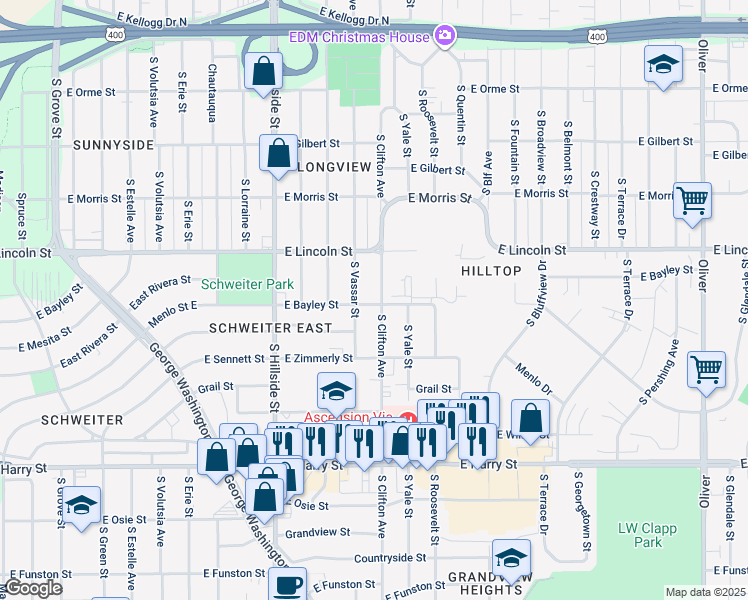 map of restaurants, bars, coffee shops, grocery stores, and more near 1019 South Clifton Avenue in Wichita