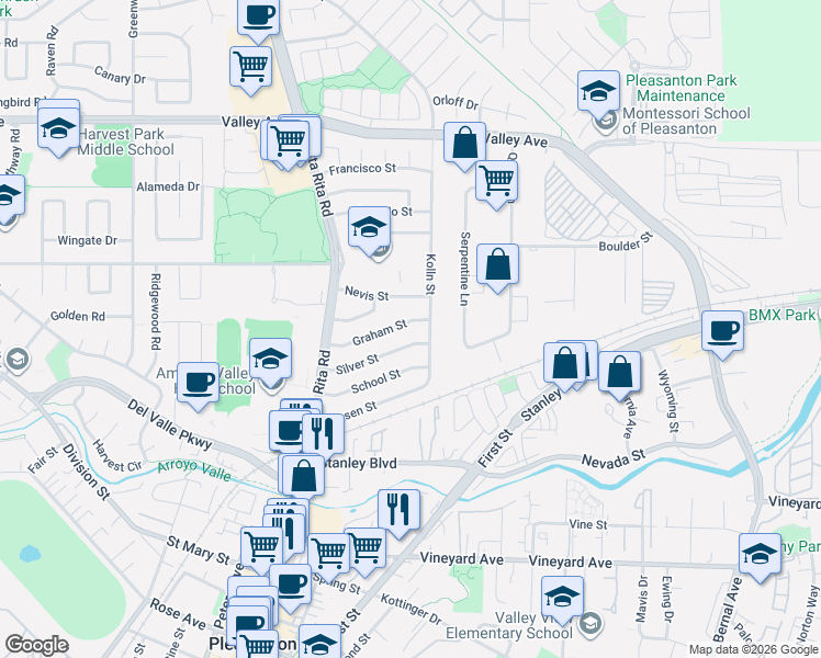 map of restaurants, bars, coffee shops, grocery stores, and more near 4022 Silver Street in Pleasanton