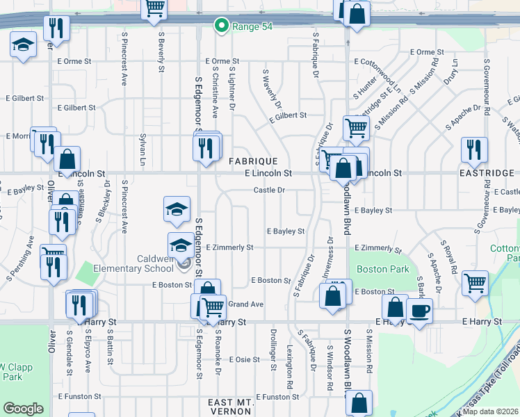 map of restaurants, bars, coffee shops, grocery stores, and more near 1021 South Waverly Street in Wichita