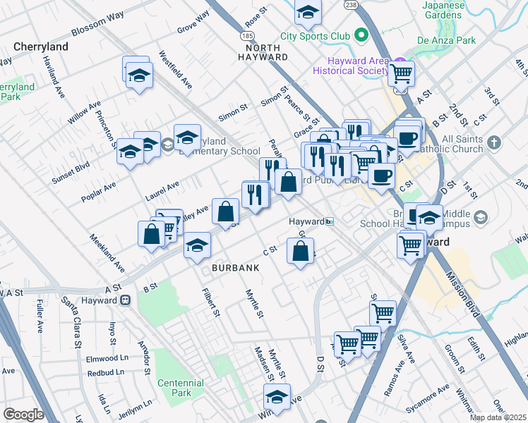 map of restaurants, bars, coffee shops, grocery stores, and more near 522 B Street in Hayward