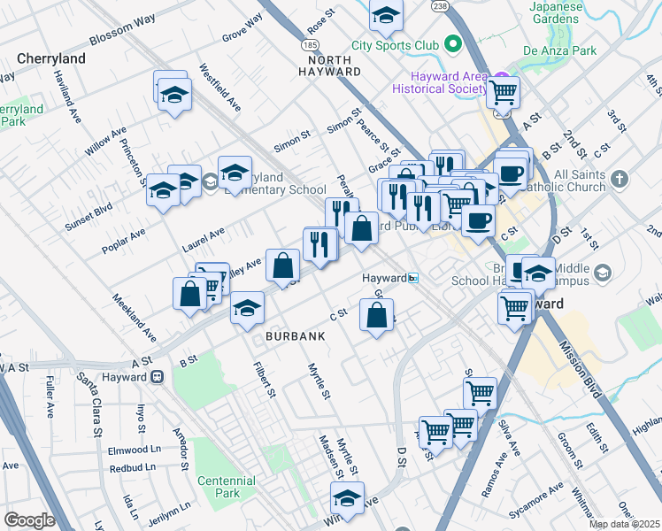 map of restaurants, bars, coffee shops, grocery stores, and more near 537 A Street in Hayward