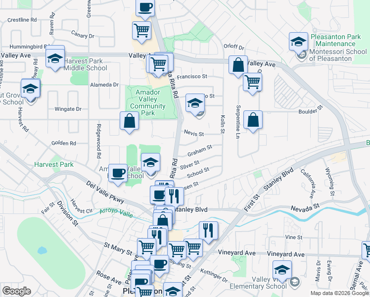 map of restaurants, bars, coffee shops, grocery stores, and more near 4214 Wells Street in Pleasanton