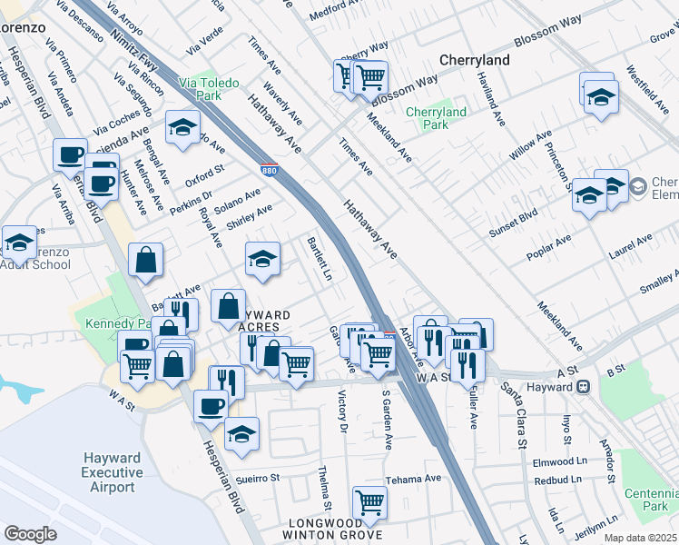 map of restaurants, bars, coffee shops, grocery stores, and more near 428 West Sunset Boulevard in Hayward