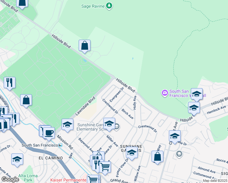 map of restaurants, bars, coffee shops, grocery stores, and more near 448 Evergreen Drive in South San Francisco