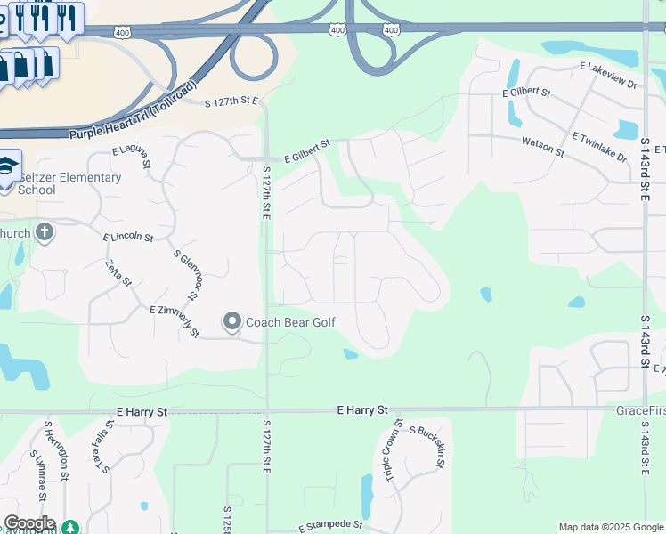 map of restaurants, bars, coffee shops, grocery stores, and more near 13050 South Rocky Creek Road in Wichita