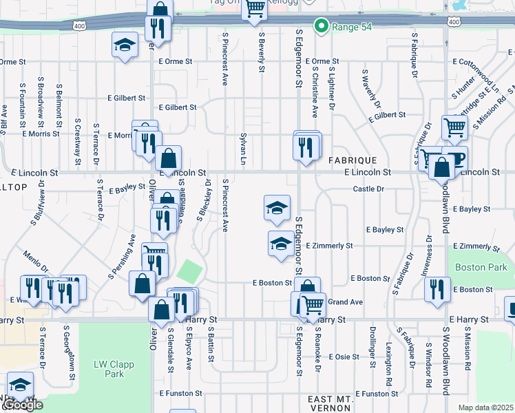 map of restaurants, bars, coffee shops, grocery stores, and more near 903 South Edgemoor Street in Wichita