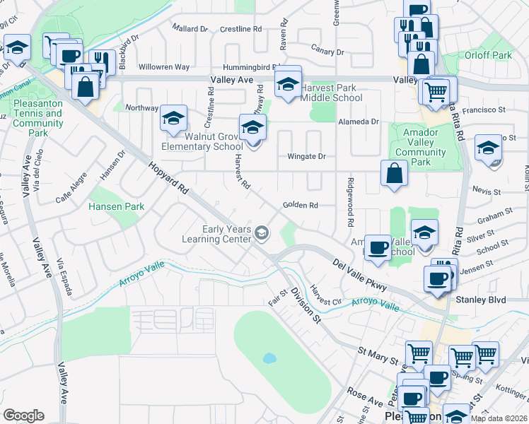 map of restaurants, bars, coffee shops, grocery stores, and more near 5070 Crestwood Court in Pleasanton