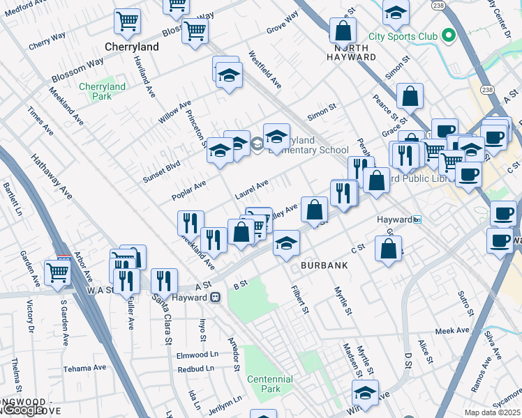 map of restaurants, bars, coffee shops, grocery stores, and more near 347 Laurel Avenue in Hayward