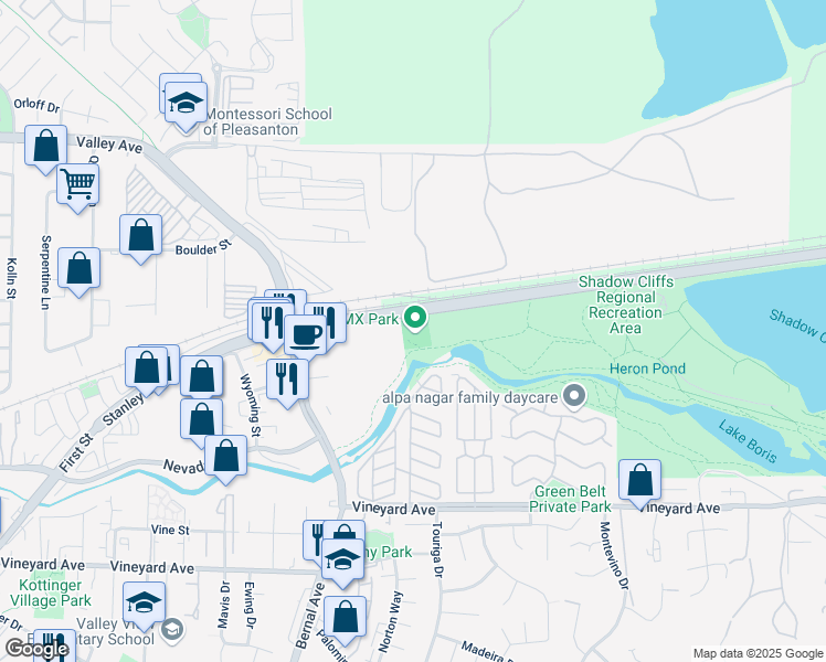 map of restaurants, bars, coffee shops, grocery stores, and more near 3320 Stanley Boulevard in Pleasanton