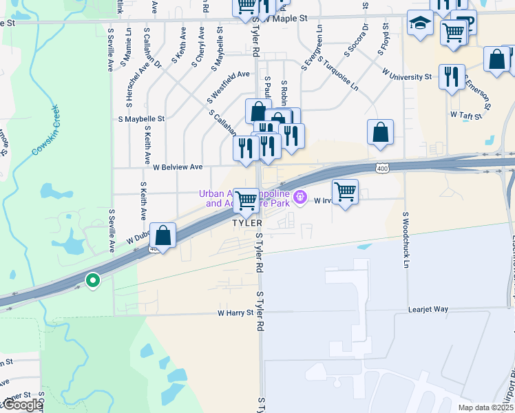 map of restaurants, bars, coffee shops, grocery stores, and more near S Tyler Rd & W Kellogg Dr in Wichita