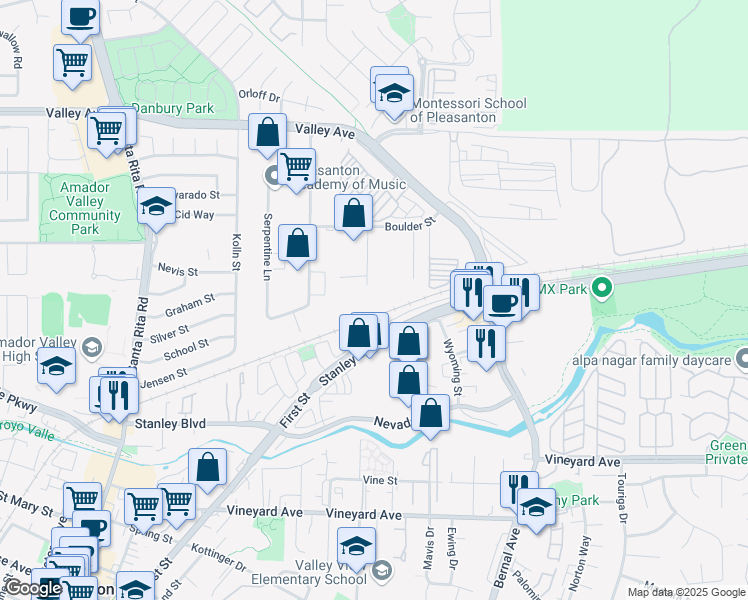 map of restaurants, bars, coffee shops, grocery stores, and more near 530 Boulder Court in Pleasanton