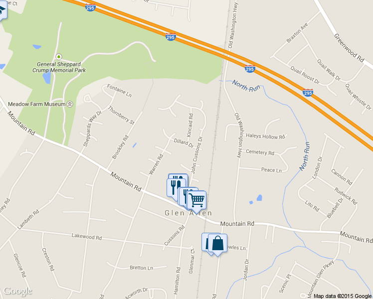 map of restaurants, bars, coffee shops, grocery stores, and more near 2909 Dillard Drive in Glen Allen