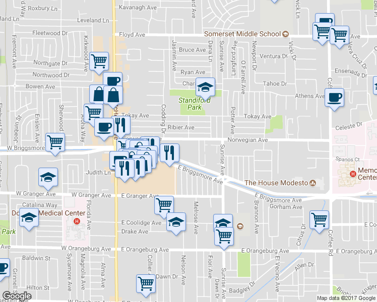 map of restaurants, bars, coffee shops, grocery stores, and more near 318 Norwegian Avenue in Modesto
