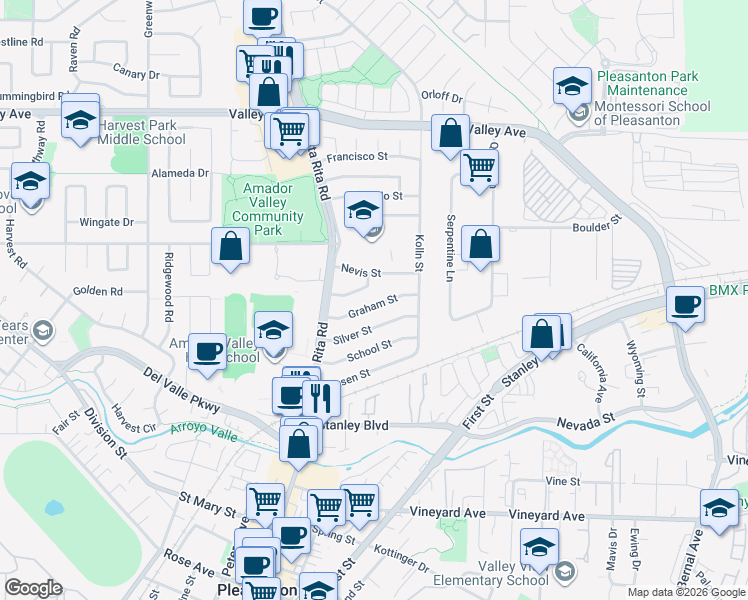 map of restaurants, bars, coffee shops, grocery stores, and more near 4082 Nevis Street in Pleasanton