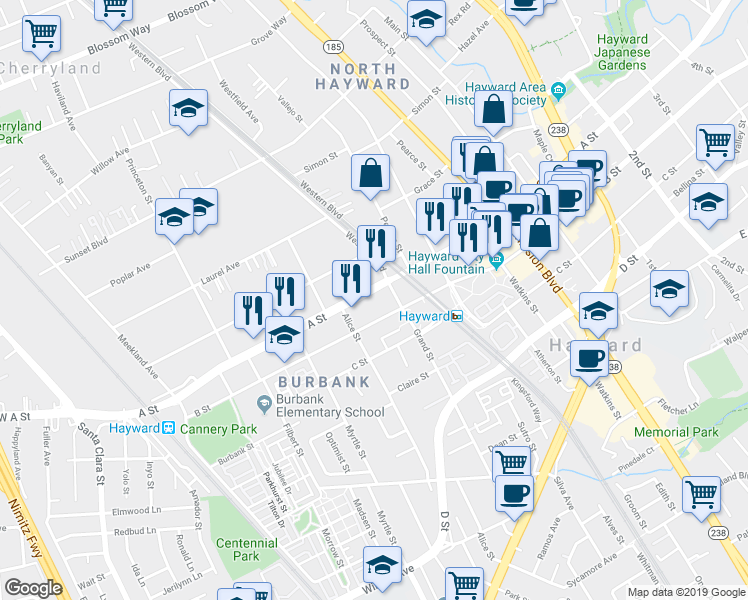 map of restaurants, bars, coffee shops, grocery stores, and more near 558 A Street in Hayward
