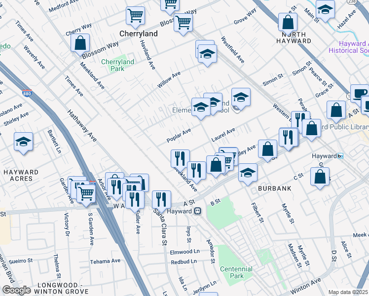 map of restaurants, bars, coffee shops, grocery stores, and more near 247 Poplar Avenue in Hayward