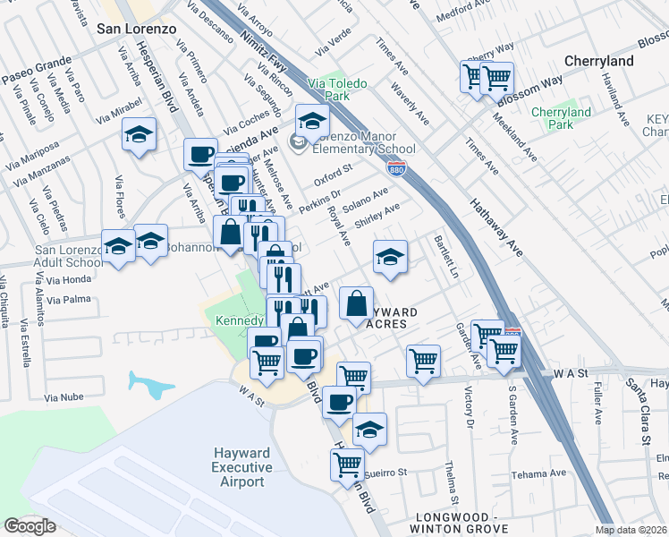 map of restaurants, bars, coffee shops, grocery stores, and more near 19839 Royal Avenue in Hayward
