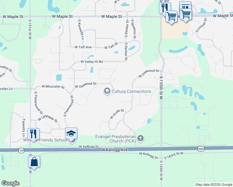 map of restaurants, bars, coffee shops, grocery stores, and more near 14102 West Onewood Street in Wichita