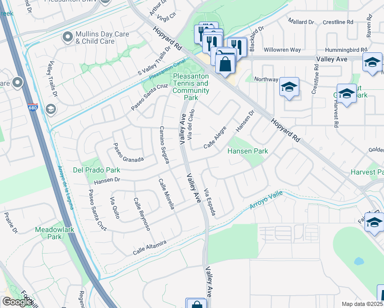 map of restaurants, bars, coffee shops, grocery stores, and more near 5995 Vía del Cielo in Pleasanton