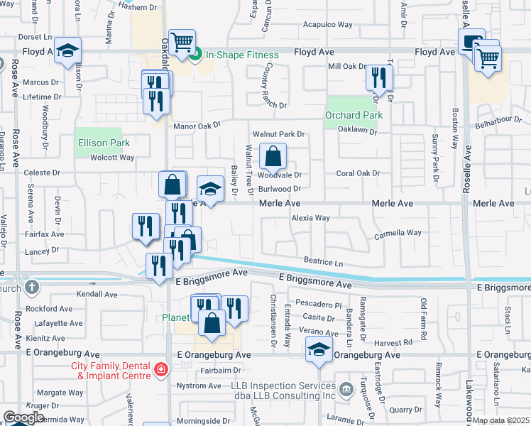 map of restaurants, bars, coffee shops, grocery stores, and more near 2501 Merle Avenue in Modesto