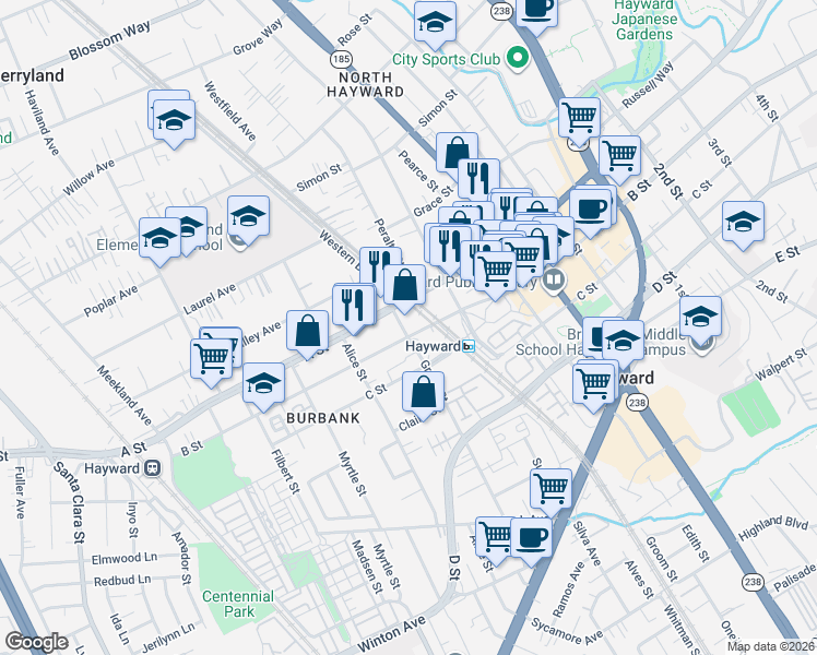 map of restaurants, bars, coffee shops, grocery stores, and more near 604 B Street in Hayward