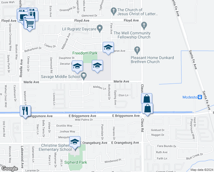 map of restaurants, bars, coffee shops, grocery stores, and more near 1809 Rothchild Drive in Modesto