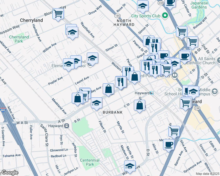 map of restaurants, bars, coffee shops, grocery stores, and more near 22421 Flagg Street in Hayward