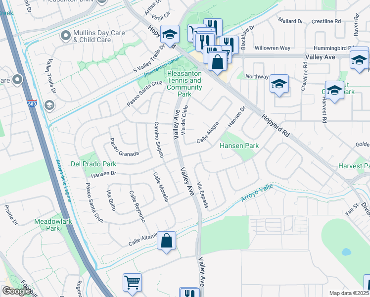 map of restaurants, bars, coffee shops, grocery stores, and more near 5995 Vía del Cielo in Pleasanton