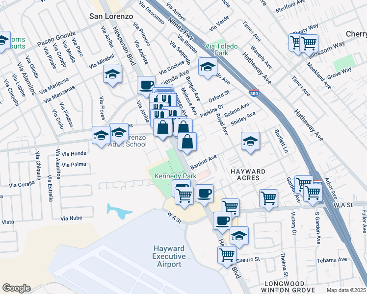 map of restaurants, bars, coffee shops, grocery stores, and more near 18600 Hesperian Boulevard in Hayward