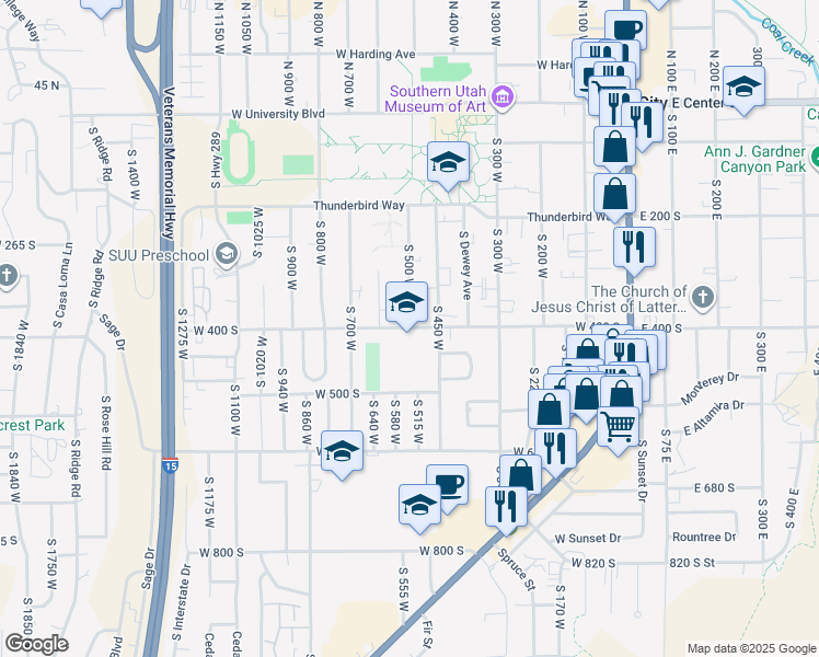 map of restaurants, bars, coffee shops, grocery stores, and more near 501 West 400 South in Cedar City