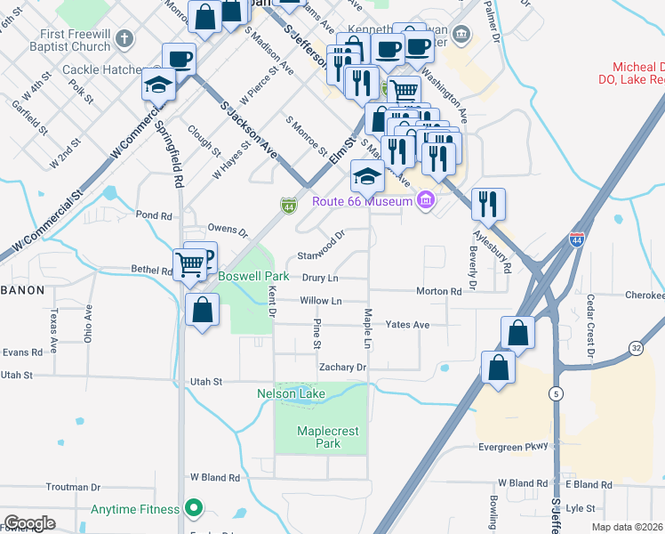 map of restaurants, bars, coffee shops, grocery stores, and more near 28 Belwood in Lebanon