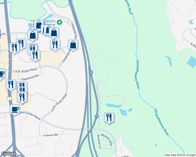 map of restaurants, bars, coffee shops, grocery stores, and more near 4001 Ironwoods Walk Drive in Glen Allen