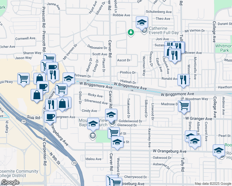 map of restaurants, bars, coffee shops, grocery stores, and more near in Modesto