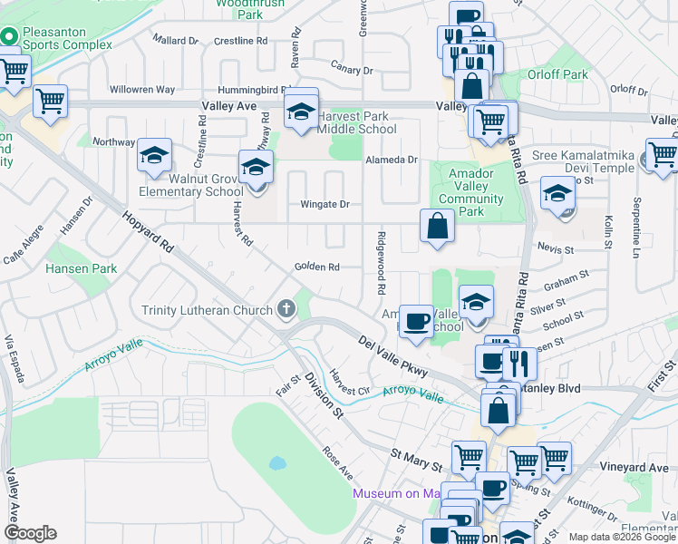 map of restaurants, bars, coffee shops, grocery stores, and more near 1554 Ramblewood Way in Pleasanton