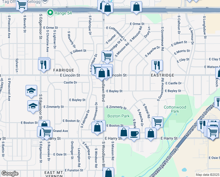 map of restaurants, bars, coffee shops, grocery stores, and more near 936 South Woodlawn Boulevard in Wichita