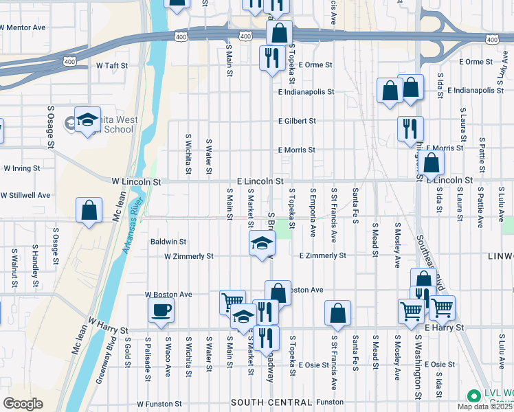 map of restaurants, bars, coffee shops, grocery stores, and more near 1216 South Market Street in Wichita