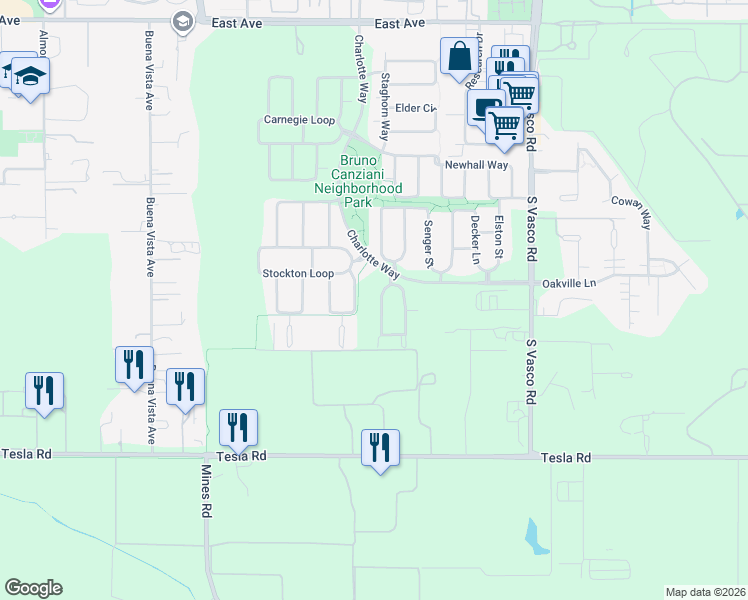 map of restaurants, bars, coffee shops, grocery stores, and more near 2535 Kellogg Loop in Livermore